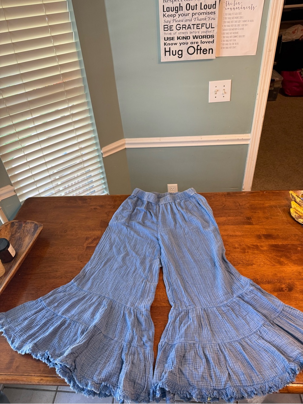 Umgee Blue Cotton Gauze Wide Leg Pants Size L Tiered Ruffle Boho Flare Pocketed